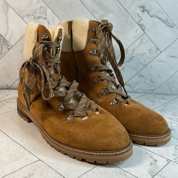 NWOT Lands End Womens Brown Leather Faux Fur Collar Ankle Boots Size 11D Wide - Picture 1 of 9